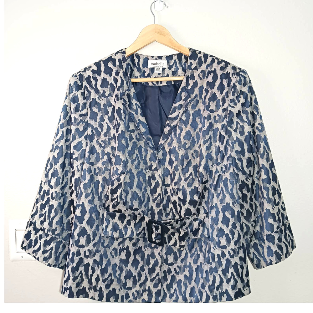 Isabella Women's Suit Animal Print Front Belted Navy Blue White Size 20W Blazer